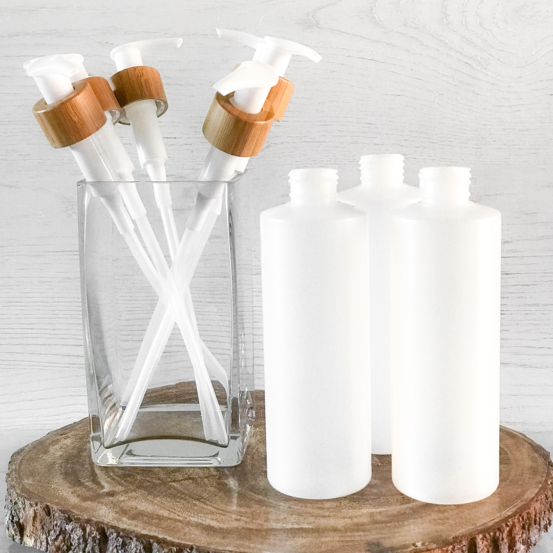 Refillabe bottle with bamboo pump top